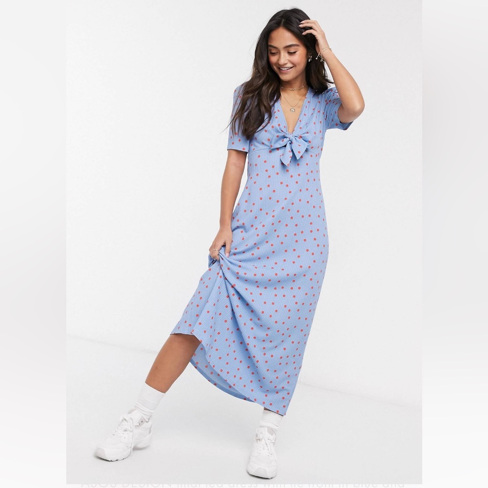 SEEKING! ASOS DESIGN Midi Tea Dress with Tie Front in Blue and Red Spot any size